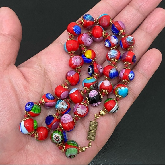 Vintage Red Multi Millefiori Venetian Murano Glass Beads Knotted 16” Necklace - Picture 11 of 16